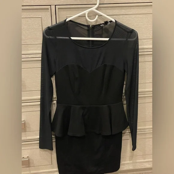 Bebe Peplum Black Dress with Black Mesh Long Sleeves | Color: Black | Size: S | Yesmynamerhymes's Closet Bebe Peplum Black Dress with Black Mesh Long Sleeves | Color: Black | Size: S | Yesmynamerhymes's Closet